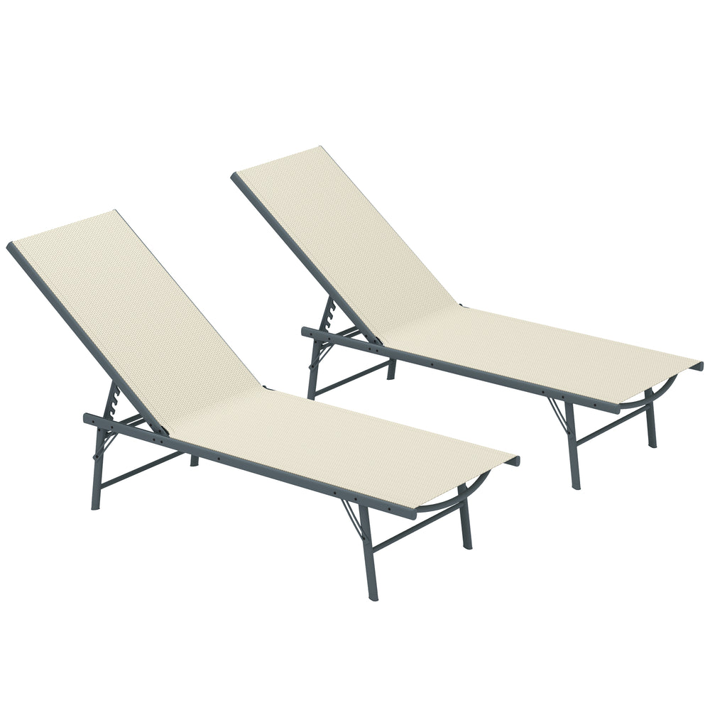 Lot de 2 bain de soleil, chaise longue pliante en textilène, transat jardin extérieur inclinable de plage, relax, camping, piscine, terrasse, 54 x 164 x 84 cm, crème