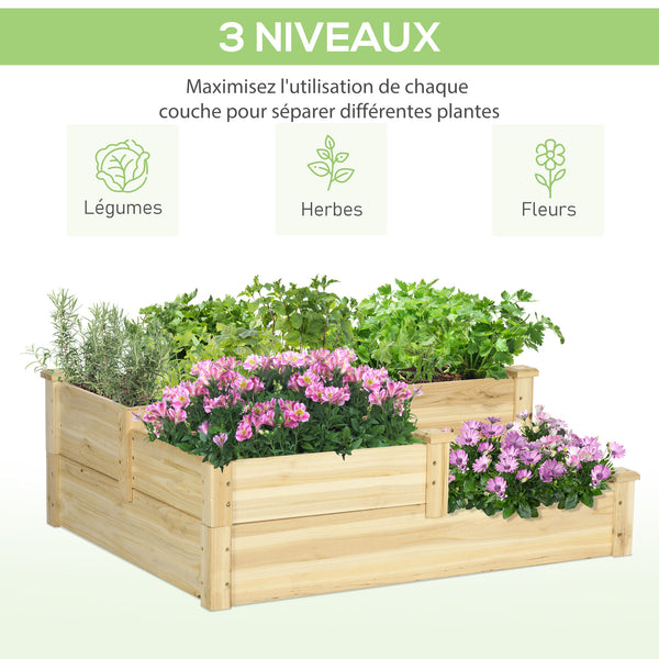 Carré potager en bois, jardinière extérieure en escalier, 3 niveaux, zones séparées, design sans fond, 108 x 88 x 36 cm, bois naturel