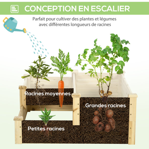 Carré potager en bois, jardinière extérieure en escalier, 3 niveaux, zones séparées, design sans fond, 108 x 88 x 36 cm, bois naturel