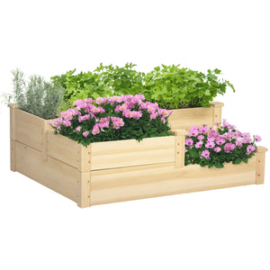 Carré potager en bois, jardinière extérieure en escalier, 3 niveaux, zones séparées, design sans fond, 108 x 88 x 36 cm, bois naturel