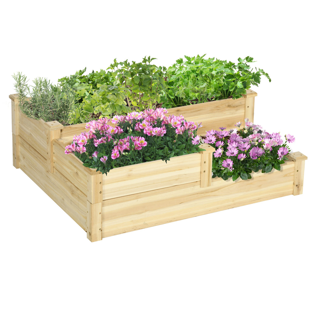 Carré potager en bois, jardinière extérieure en escalier, 3 niveaux, zones séparées, design sans fond, 108 x 88 x 36 cm, bois naturel
