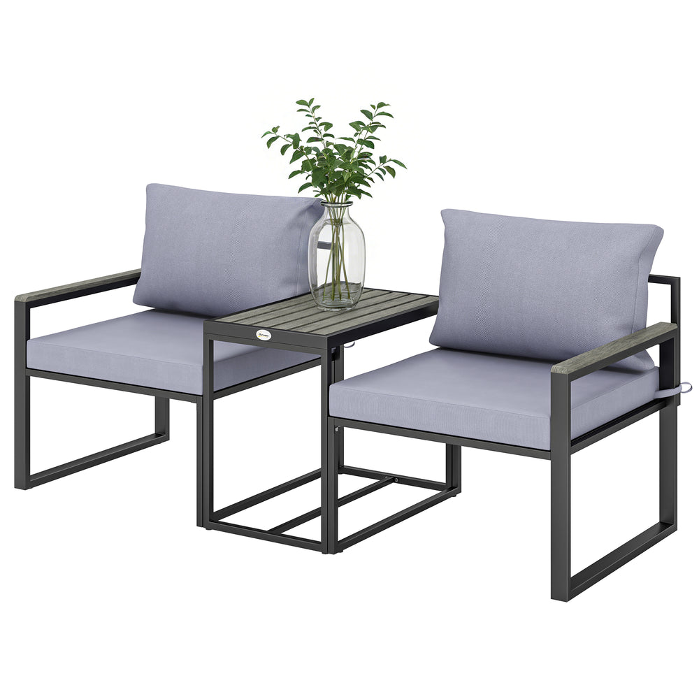 Salon de jardin 3 pièces - ensemble de jardin avec coussins 14cm et accoudoirs en composite bois-plastique : mobilier de balcon avec 2 fauteuils et table d'appoint, assise en textilène, gris