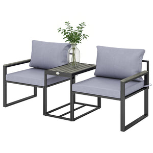 Salon de jardin 3 pièces - ensemble de jardin avec coussins 14cm et accoudoirs en composite bois-plastique : mobilier de balcon avec 2 fauteuils et table d'appoint, assise en textilène, gris