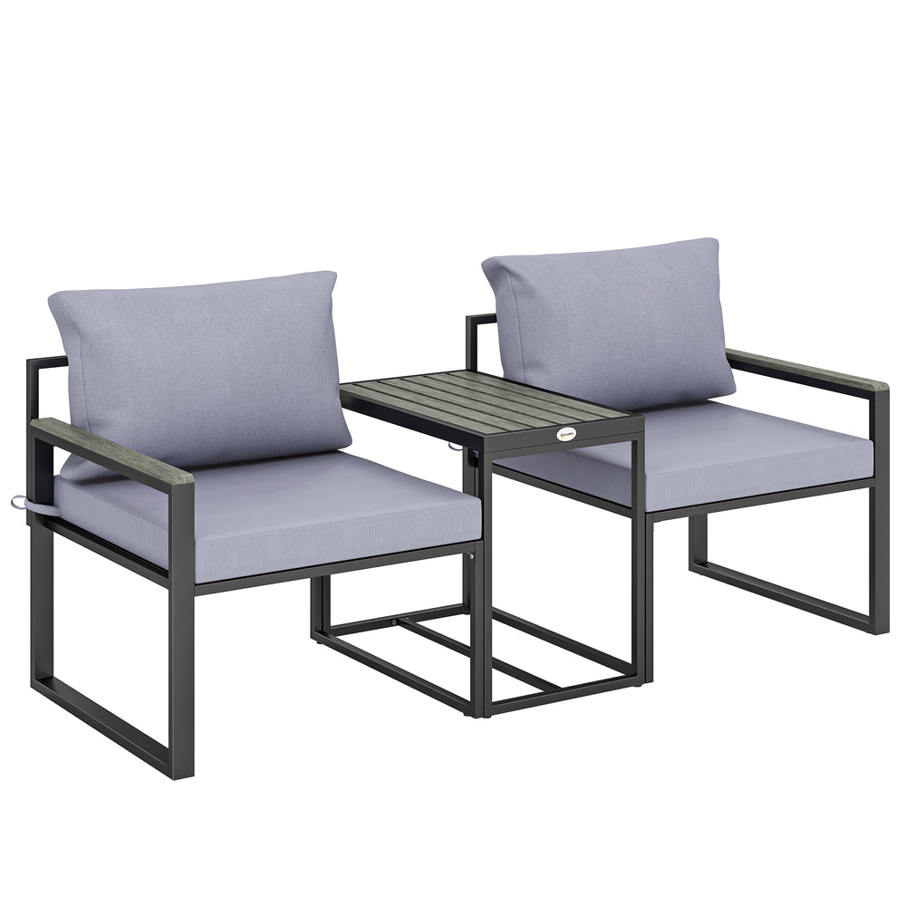 Salon de jardin 3 pièces - ensemble de jardin avec coussins 14cm et accoudoirs en composite bois-plastique : mobilier de balcon avec 2 fauteuils et table d'appoint, assise en textilène, gris