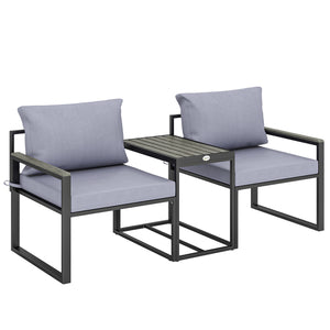 Salon de jardin 3 pièces - ensemble de jardin avec coussins 14cm et accoudoirs en composite bois-plastique : mobilier de balcon avec 2 fauteuils et table d'appoint, assise en textilène, gris