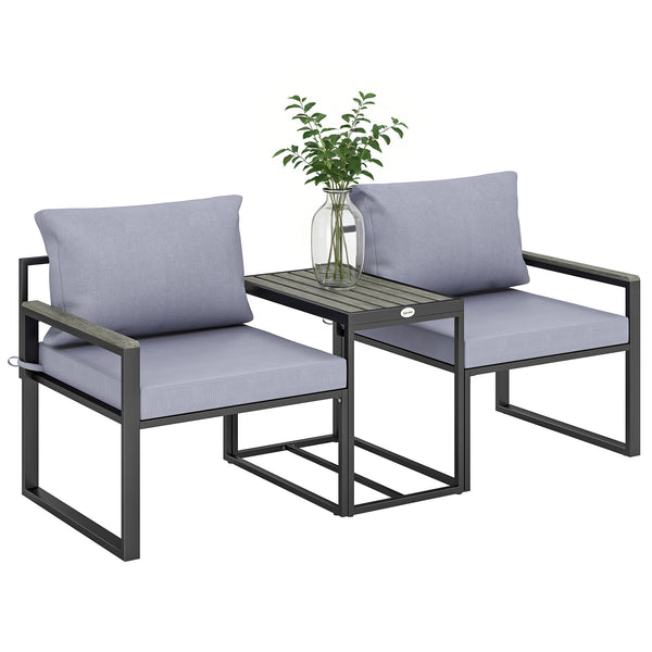 Salon de jardin 3 pièces - ensemble de jardin avec coussins 14cm et accoudoirs en composite bois-plastique : mobilier de balcon avec 2 fauteuils et table d'appoint, assise en textilène, gris