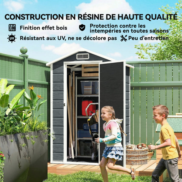 Abri de jardin en résine effet bois, 128x104x196cm (1,09 m²) - cabane de stockage avec plancher, fenêtre et toit pointu anti-pluie - rangement extérieur pour outils et tondeuse, gris