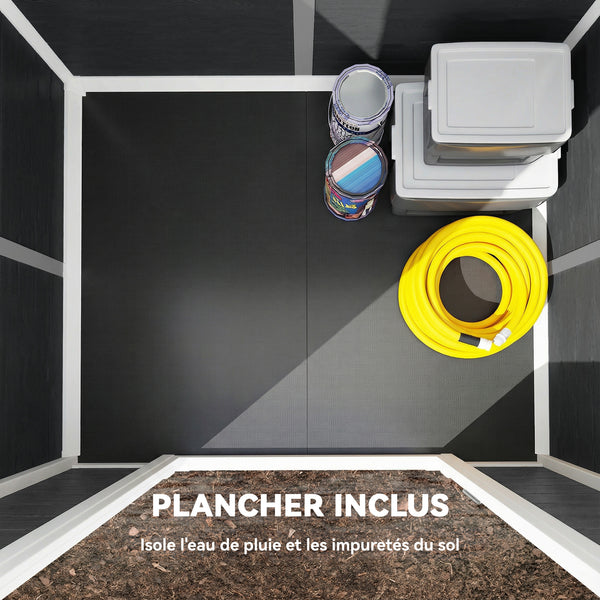 Abri de jardin en résine effet bois, 128x104x196cm (1,09 m²) - cabane de stockage avec plancher, fenêtre et toit pointu anti-pluie - rangement extérieur pour outils et tondeuse, gris