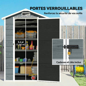 Abri de jardin en résine effet bois, 128x104x196cm (1,09 m²) - cabane de stockage avec plancher, fenêtre et toit pointu anti-pluie - rangement extérieur pour outils et tondeuse, gris
