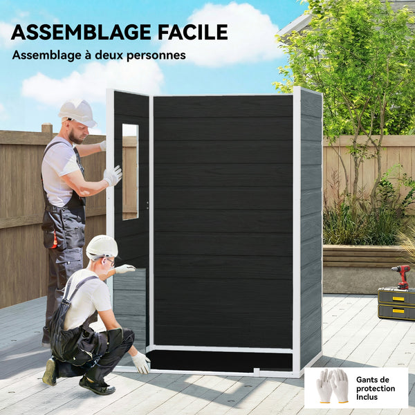 Abri de jardin en résine effet bois, 128x104x196cm (1,09 m²) - cabane de stockage avec plancher, fenêtre et toit pointu anti-pluie - rangement extérieur pour outils et tondeuse, gris