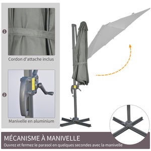 Parasol déporté Ø 3 m octogonal inclinable manivelle avec pied en acier gris