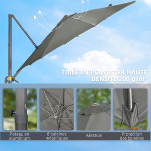 Parasol déporté Ø 3 m octogonal inclinable manivelle avec pied en acier gris