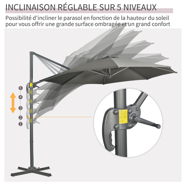 Parasol déporté Ø 3 m octogonal inclinable manivelle avec pied en acier gris