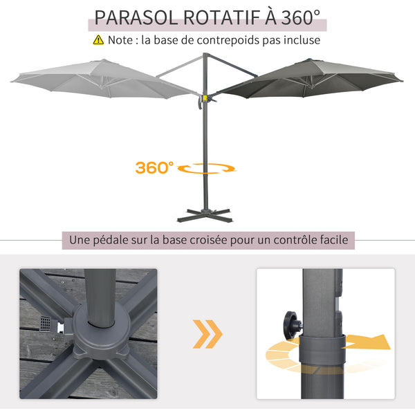 Parasol déporté Ø 3 m octogonal inclinable manivelle avec pied en acier gris