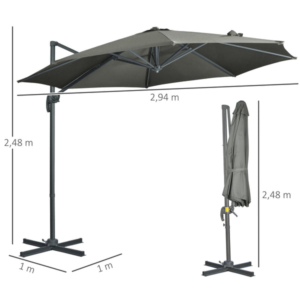 Parasol déporté Ø 3 m octogonal inclinable manivelle avec pied en acier gris