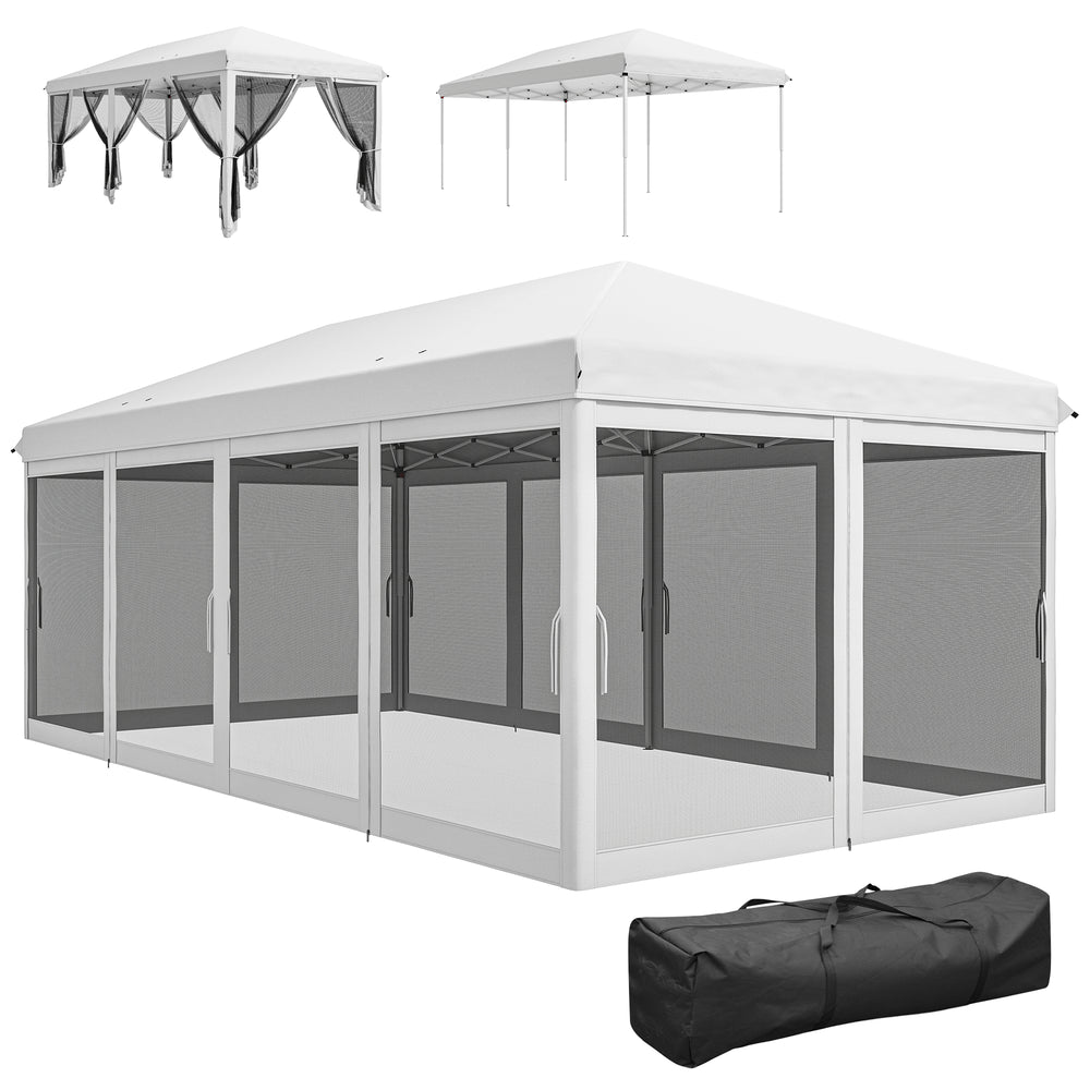 Tonnelle pliante tonnelle de jardin extérieure barnum pliant Pop-up pavillon de terrasse 6 x 3 m Anti-UV moustiquaires amovibles + Sac de Transport Blanc