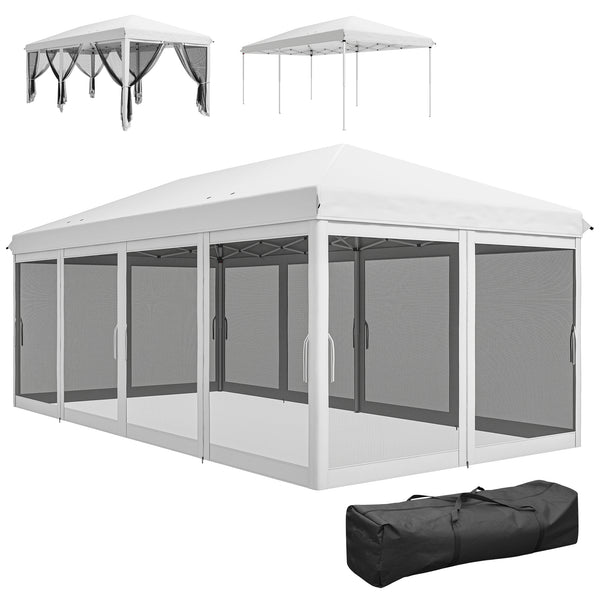 Tonnelle pliante tonnelle de jardin extérieure barnum pliant Pop-up pavillon de terrasse 6 x 3 m Anti-UV moustiquaires amovibles + Sac de Transport Blanc