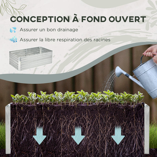 Carré potager de jardin rectangulaire tubes de renforcement acier galvanisé 180 x 90 x 59 cm argent