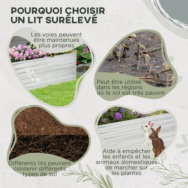 Carré potager de jardin rectangulaire tubes de renforcement acier galvanisé 180 x 90 x 59 cm argent