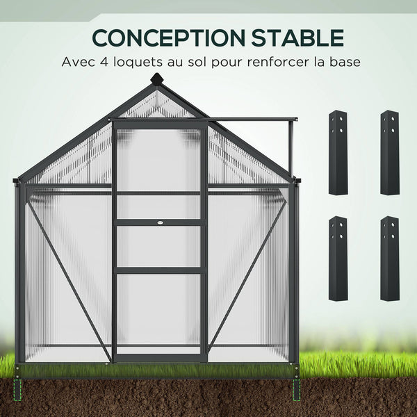 Serre de jardin polycarbonate 2,51 m² serre en aluminium pour le jardin 190 x 132 x 201 cm résistant aux UV, avec fondation renforcé, gouttière, lucarne et porte coulissant, Gris