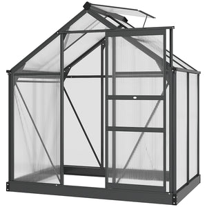 Serre de jardin polycarbonate 2,51 m² serre en aluminium pour le jardin 190 x 132 x 201 cm résistant aux UV, avec fondation renforcé, gouttière, lucarne et porte coulissant, Gris