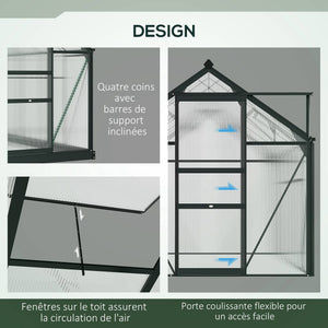 Serre de jardin polycarbonate 2,51 m² serre en aluminium pour le jardin 190 x 132 x 201 cm résistant aux UV, avec fondation renforcé, gouttière, lucarne et porte coulissant, Gris