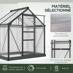 Serre de jardin polycarbonate 2,51 m² serre en aluminium pour le jardin 190 x 132 x 201 cm résistant aux UV, avec fondation renforcé, gouttière, lucarne et porte coulissant, Gris