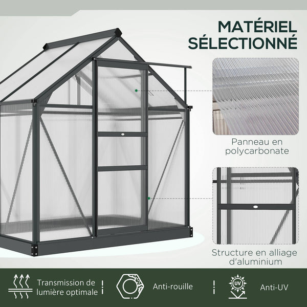 Serre de jardin polycarbonate 2,51 m² serre en aluminium pour le jardin 190 x 132 x 201 cm résistant aux UV, avec fondation renforcé, gouttière, lucarne et porte coulissant, Gris