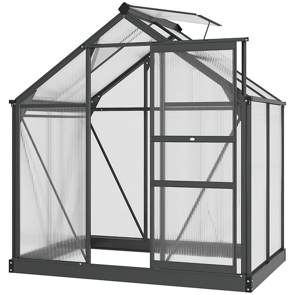 Serre de jardin polycarbonate 2,51 m² serre en aluminium pour le jardin 190 x 132 x 201 cm résistant aux UV, avec fondation renforcé, gouttière, lucarne et porte coulissant, Gris