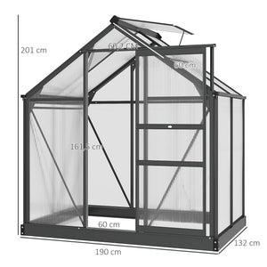 Serre de jardin polycarbonate 2,51 m² serre en aluminium pour le jardin 190 x 132 x 201 cm résistant aux UV, avec fondation renforcé, gouttière, lucarne et porte coulissant, Gris