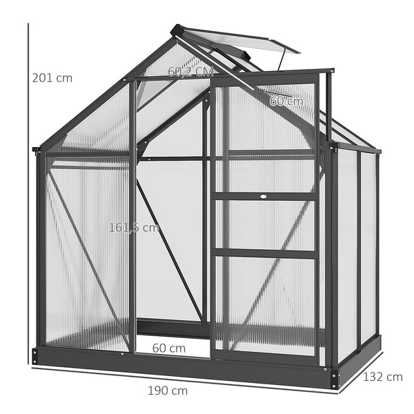 Serre de jardin polycarbonate 2,51 m² serre en aluminium pour le jardin 190 x 132 x 201 cm résistant aux UV, avec fondation renforcé, gouttière, lucarne et porte coulissant, Gris
