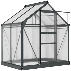 Serre de jardin polycarbonate 2,51 m² serre en aluminium pour le jardin 190 x 132 x 201 cm résistant aux UV, avec fondation renforcé, gouttière, lucarne et porte coulissant, Gris
