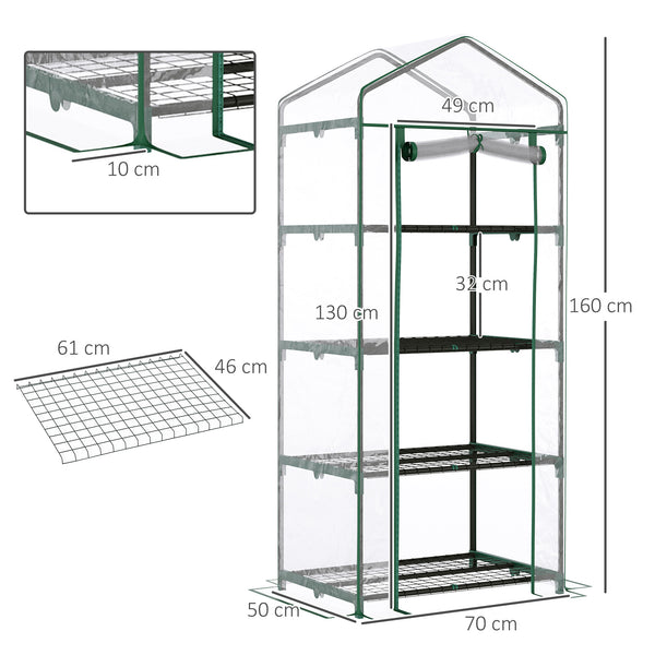 Serre de jardin avec étagères 4 niveaux, serre de balcon, bâche renforcée PVC, châssis en acier, porte zippée, pour légumes plante fleurs, intérieur et extérieur, 70x50x160cm, transparente