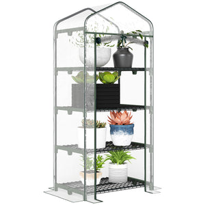 Serre de jardin avec étagères 4 niveaux, serre de balcon, bâche renforcée PVC, châssis en acier, porte zippée, pour légumes plante fleurs, intérieur et extérieur, 70x50x160cm, transparente