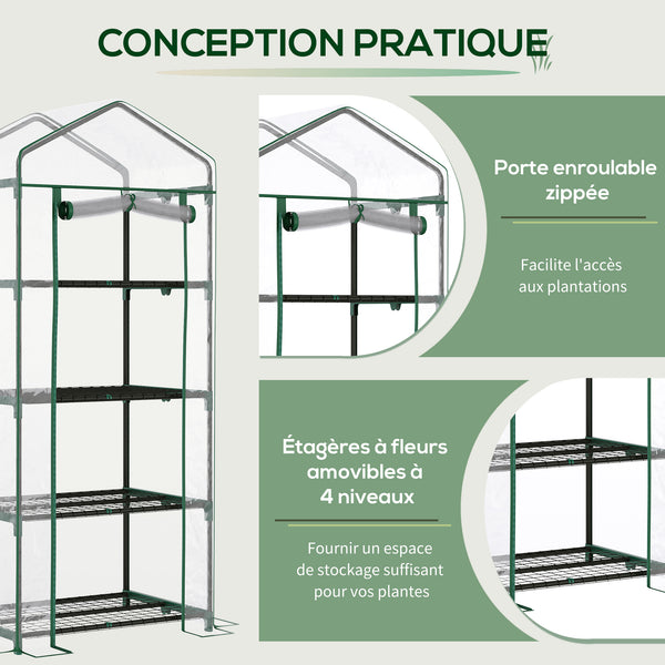 Serre de jardin avec étagères 4 niveaux, serre de balcon, bâche renforcée PVC, châssis en acier, porte zippée, pour légumes plante fleurs, intérieur et extérieur, 70x50x160cm, transparente