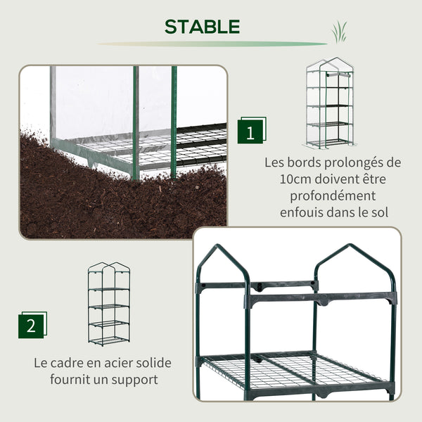 Serre de jardin avec étagères 4 niveaux, serre de balcon, bâche renforcée PVC, châssis en acier, porte zippée, pour légumes plante fleurs, intérieur et extérieur, 70x50x160cm, transparente