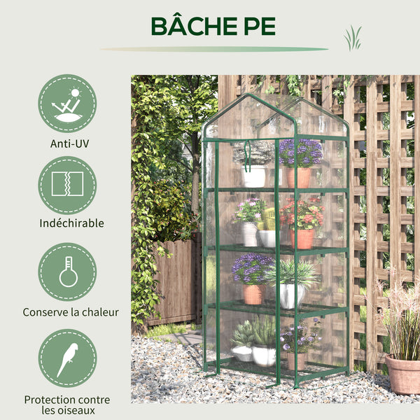 Serre de jardin avec étagères 4 niveaux, serre de balcon, bâche renforcée PVC, châssis en acier, porte zippée, pour légumes plante fleurs, intérieur et extérieur, 70x50x160cm, transparente