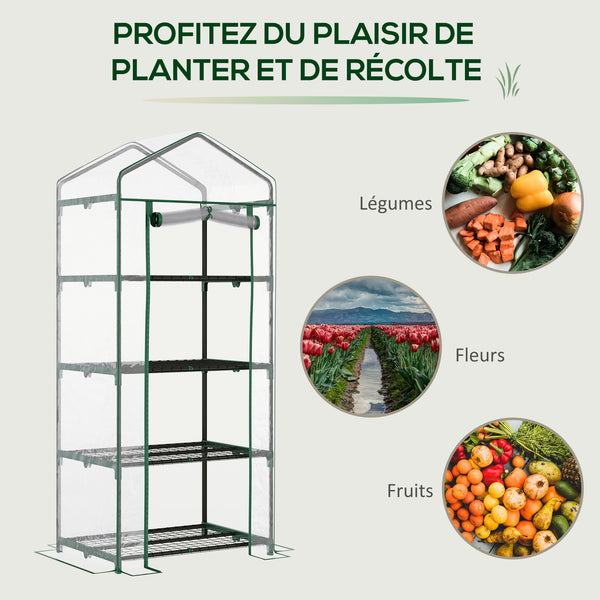 Serre de jardin avec étagères 4 niveaux, serre de balcon, bâche renforcée PVC, châssis en acier, porte zippée, pour légumes plante fleurs, intérieur et extérieur, 70x50x160cm, transparente
