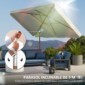 Parasol de jardin extérieur rectangulaire 200 x 300 cm, parasol inclinable 6 baleines en aluminium, tissu polyester 180g/m² protection UV avec manivelle, pour balcon jardin terrasse, crème