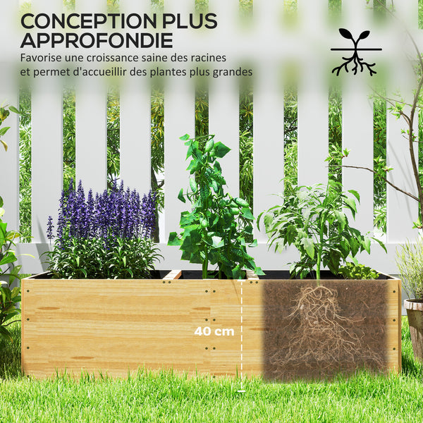 Jardinière en bois, carré potager exterieur bois, 3 compartiments de plantation et doublure inclus, bac à fleurs pour légumes herbes fleurs dans jardin terrasse patio, 140x60x40cm, naturel