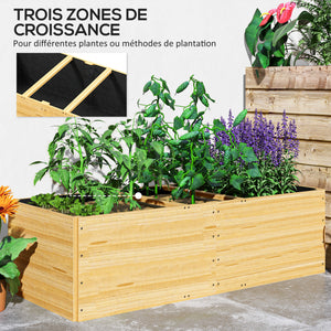 Jardinière en bois, carré potager exterieur bois, 3 compartiments de plantation et doublure inclus, bac à fleurs pour légumes herbes fleurs dans jardin terrasse patio, 140x60x40cm, naturel