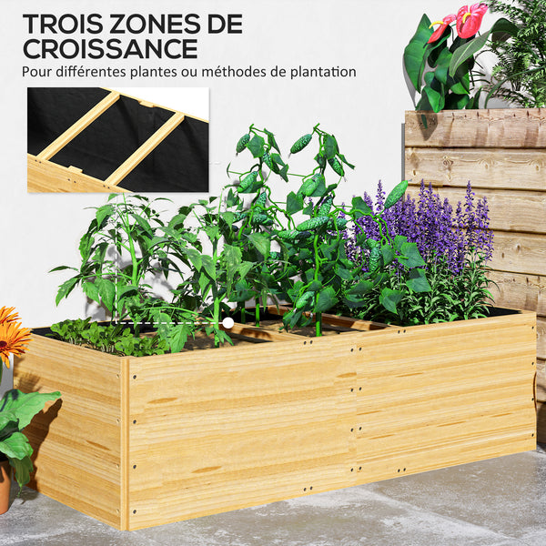 Jardinière en bois, carré potager exterieur bois, 3 compartiments de plantation et doublure inclus, bac à fleurs pour légumes herbes fleurs dans jardin terrasse patio, 140x60x40cm, naturel