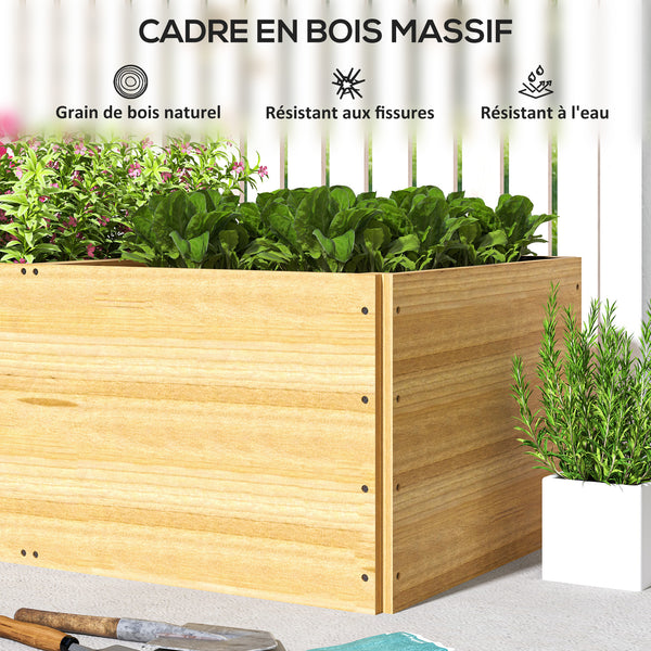 Jardinière en bois, carré potager exterieur bois, 3 compartiments de plantation et doublure inclus, bac à fleurs pour légumes herbes fleurs dans jardin terrasse patio, 140x60x40cm, naturel