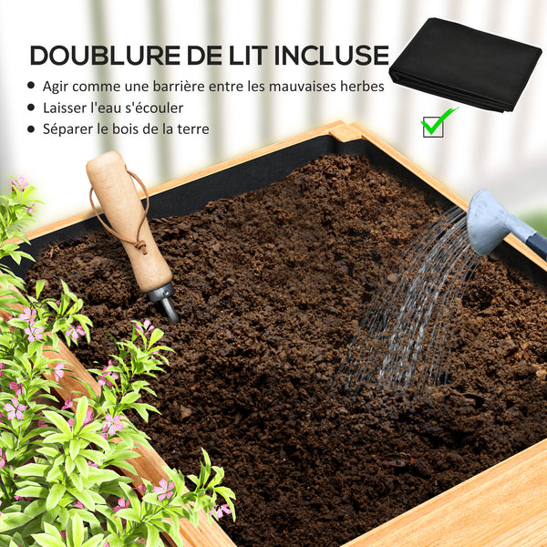 Jardinière en bois, carré potager exterieur bois, 3 compartiments de plantation et doublure inclus, bac à fleurs pour légumes herbes fleurs dans jardin terrasse patio, 140x60x40cm, naturel