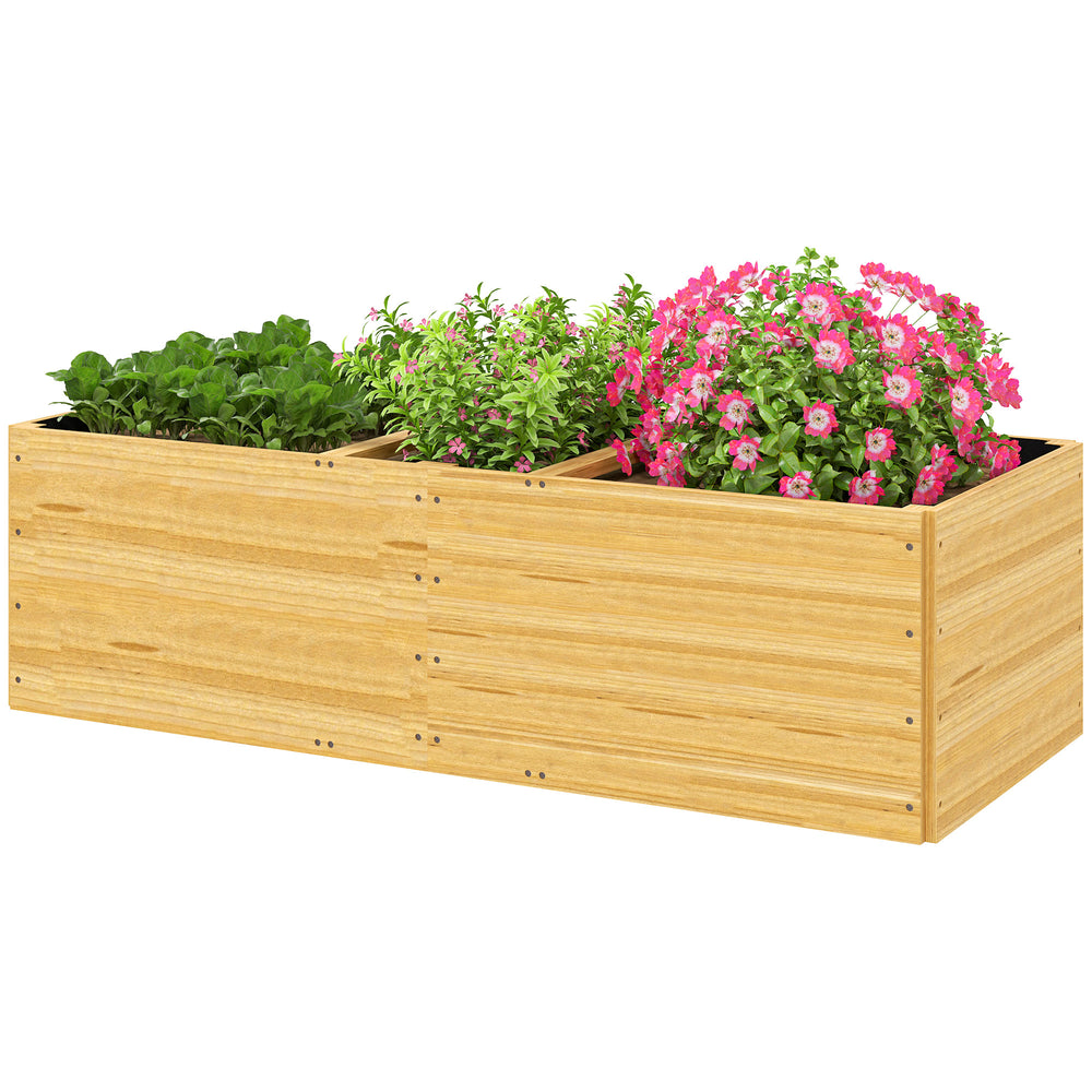 Jardinière en bois, carré potager exterieur bois, 3 compartiments de plantation et doublure inclus, bac à fleurs pour légumes herbes fleurs dans jardin terrasse patio, 140x60x40cm, naturel
