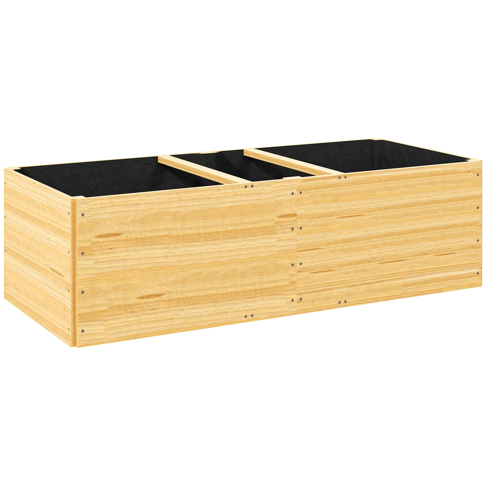 Jardinière en bois, carré potager exterieur bois, 3 compartiments de plantation et doublure inclus, bac à fleurs pour légumes herbes fleurs dans jardin terrasse patio, 140x60x40cm, naturel