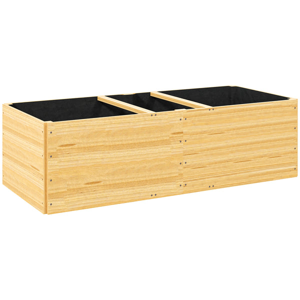 Jardinière en bois, carré potager exterieur bois, 3 compartiments de plantation et doublure inclus, bac à fleurs pour légumes herbes fleurs dans jardin terrasse patio, 140x60x40cm, naturel