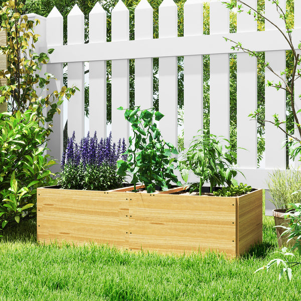 Jardinière en bois, carré potager exterieur bois, 3 compartiments de plantation et doublure inclus, bac à fleurs pour légumes herbes fleurs dans jardin terrasse patio, 140x60x40cm, naturel