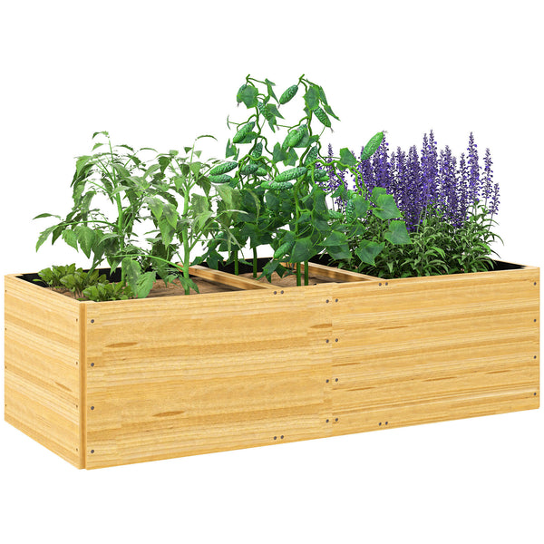 Jardinière en bois, carré potager exterieur bois, 3 compartiments de plantation et doublure inclus, bac à fleurs pour légumes herbes fleurs dans jardin terrasse patio, 140x60x40cm, naturel