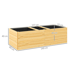 Jardinière en bois, carré potager exterieur bois, 3 compartiments de plantation et doublure inclus, bac à fleurs pour légumes herbes fleurs dans jardin terrasse patio, 140x60x40cm, naturel